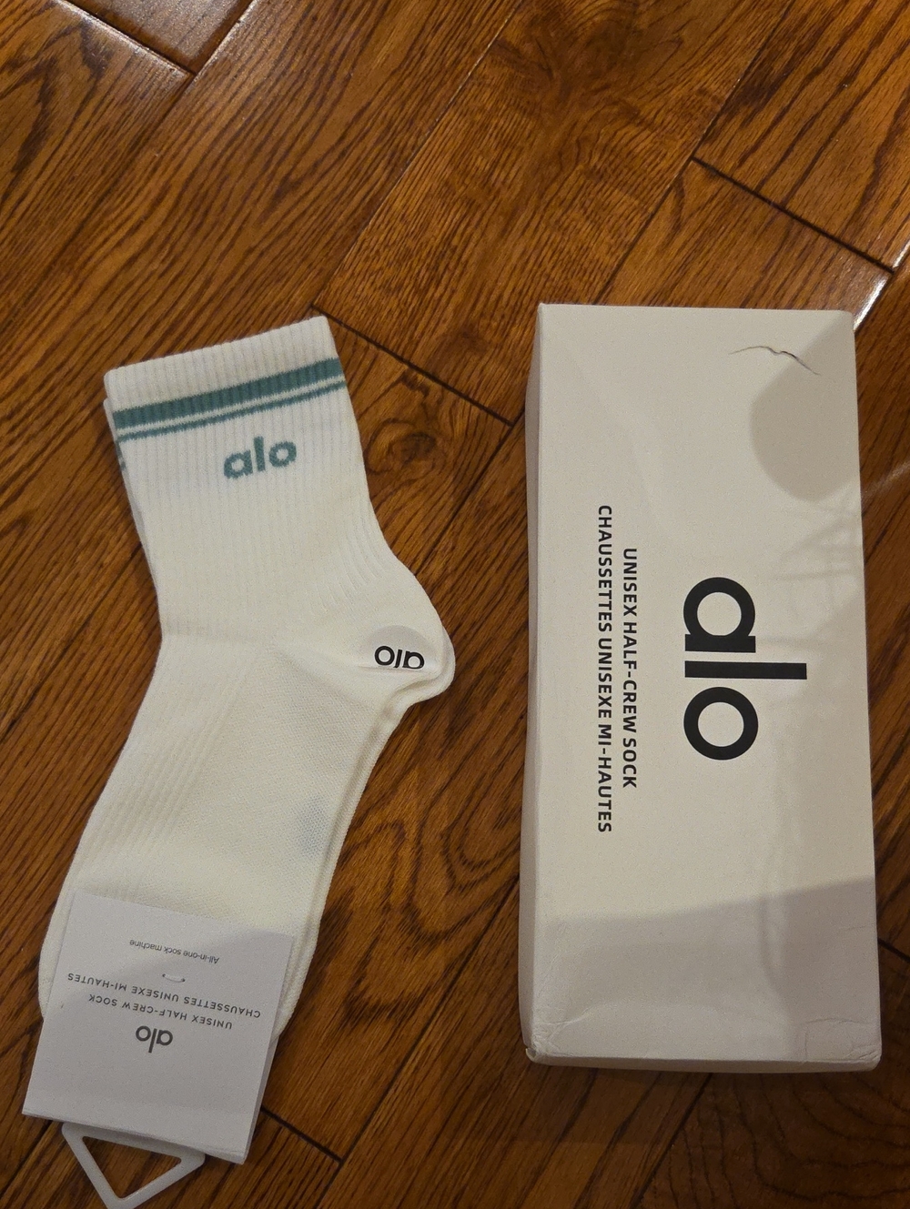ALO Yoga White Crew Socks with Teal Stripe